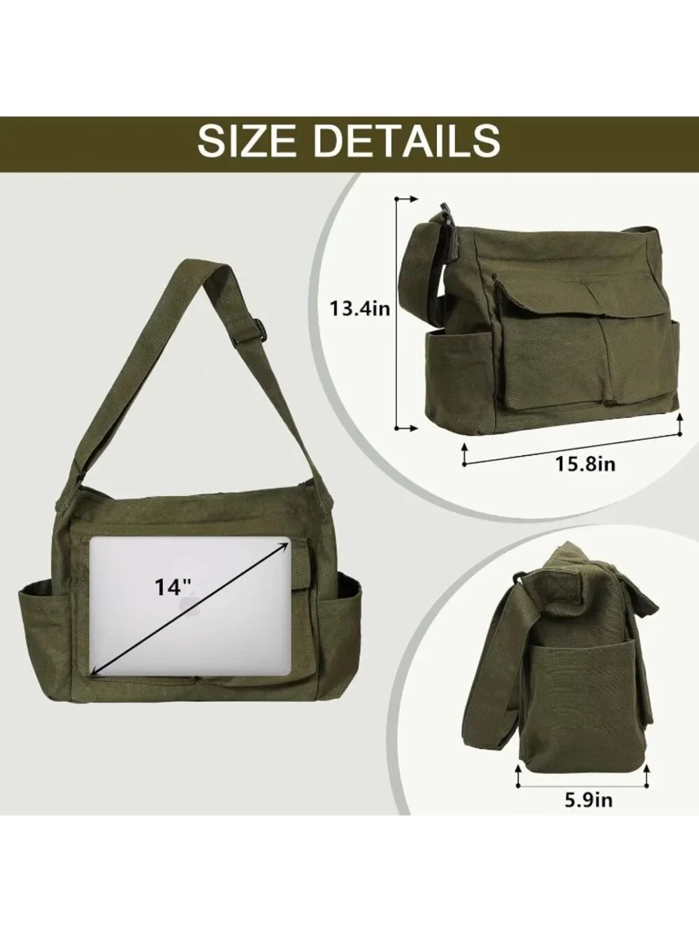 Women's Army Green Multiple Pockets Large Hobo Crossbody Shoulder Bag - Picture 3 of 6